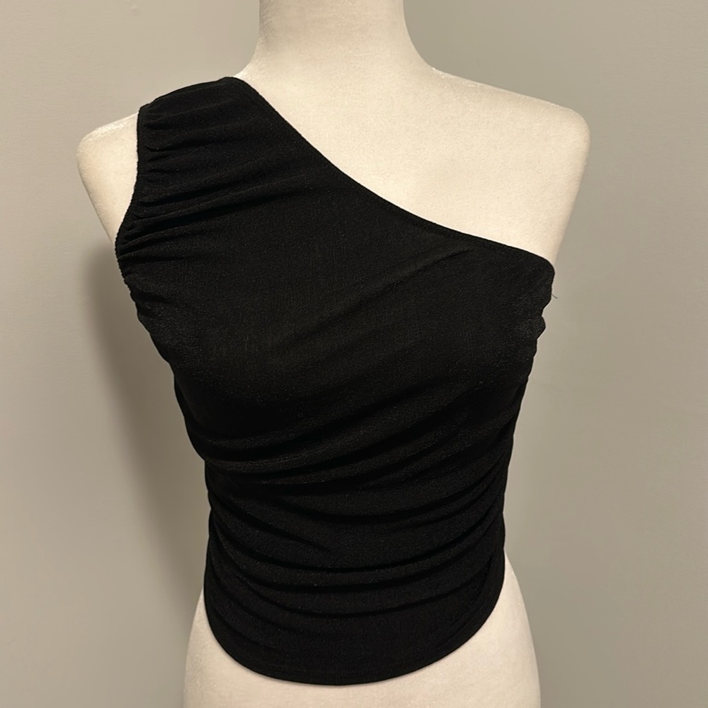 Elodie | One shoulder black mesh ruched top